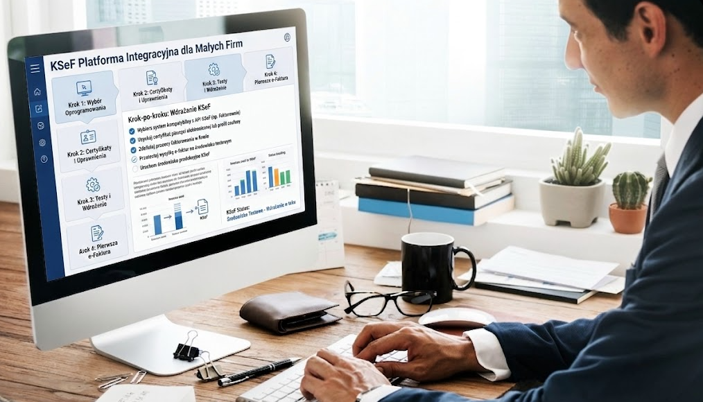 Przedsiębiorca wdrażający KSeF w małej firmie – zbliżenie na ekran komputera z panelu administracyjnym e-faktur i kalkulatorem na biurku.
