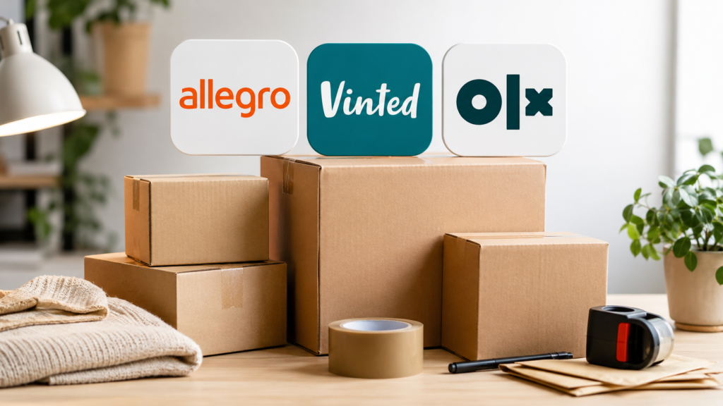 Podatek od sprzedaży na Vinted, OLX i Allegro – paczki i logotypy platform sprzedażowych